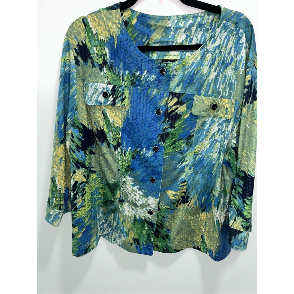 Southern Lady Size 20 3/4‎ Sleeves Button Down Blue Green Abstract Women's Plus